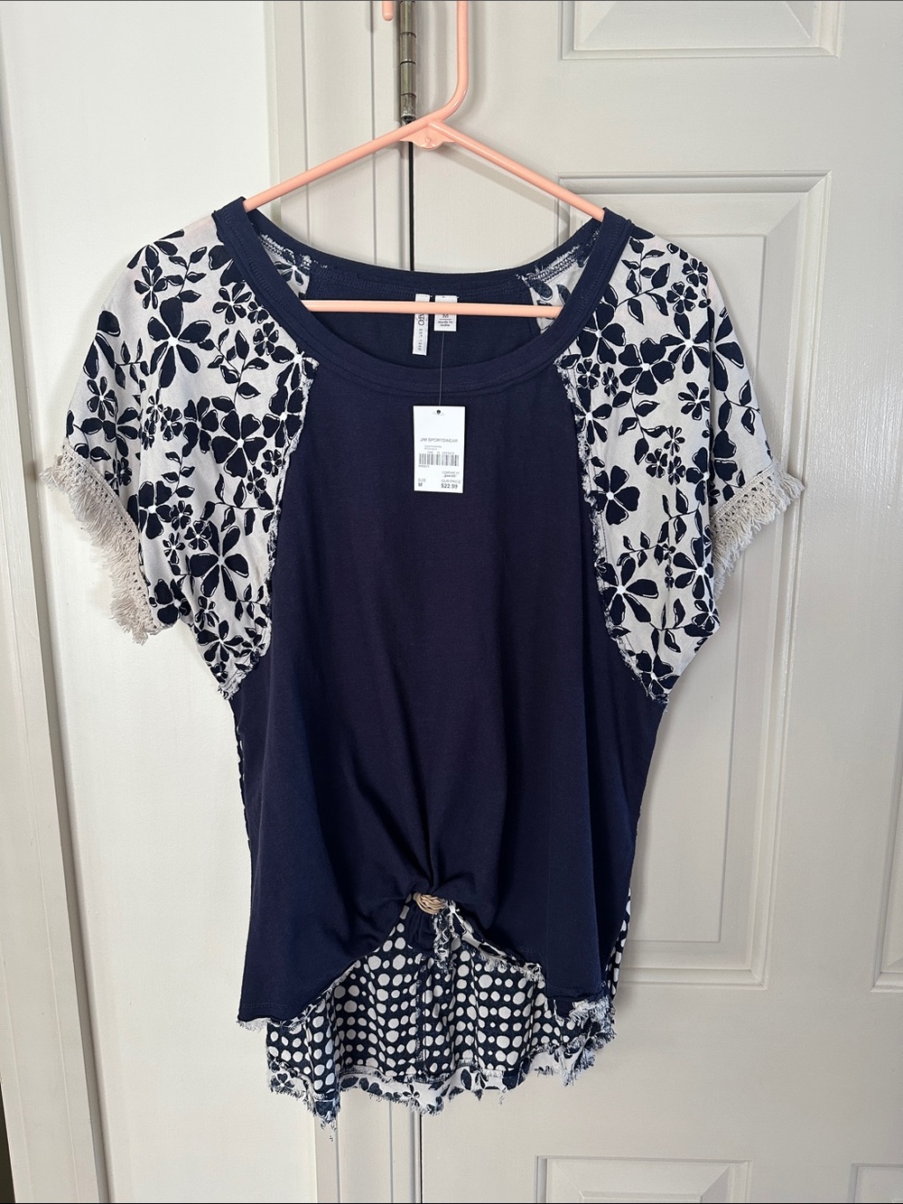 Navy Floral Fringe Sleeve Knot-Front Women’s Top